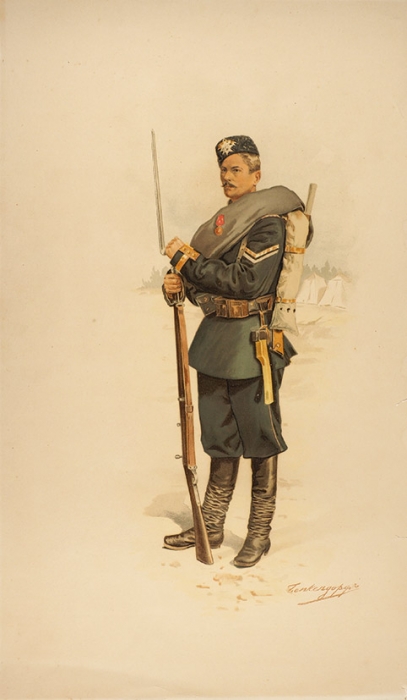 Бенкендорф Дмитрий Александрович (1845–1910-е) «Сержант 1-го батальона Семеновского полка». 1890-е — 1900-е. Бумага, хромолитография, 53x31,5 см.