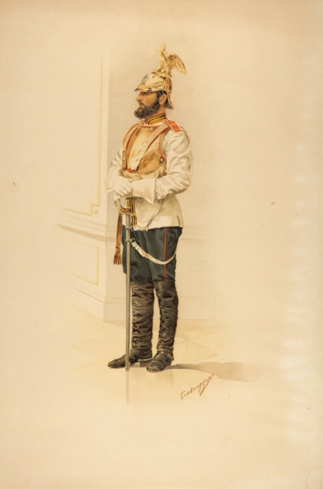 Бенкендорф Дмитрий Александрович (1845–1910-е) «Вахмистр Лейб-гвардии Конного полка». 1890-е — 1900-е. Бумага, хромолитография, 51x34 см.
