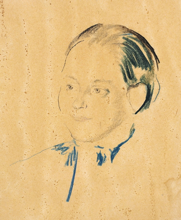 Малявин Филипп Андреевич (1869 — 1940) Набросок женского лица. Первая четверть ХХ века. Бумага, графитный и цветные карандаши, 45x33 см.