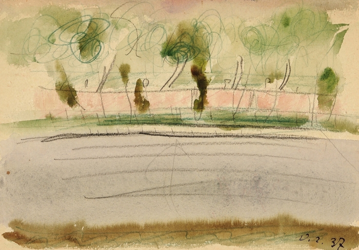 Гильдебрандт Ольга Николаевна (1897/1898—1980) «Пейзаж». 1937. Бумага, графитный карандаш, акварель, 15,5x20,5 см.