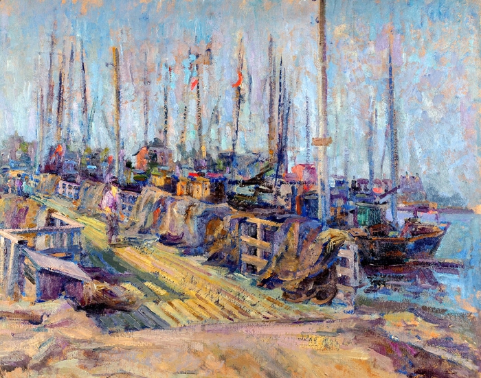 Глускин Александр Михайлович (1899–1969) «В рыболовецкой гавани». 1960. Картон, масло, 48x61,7 см.
