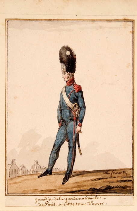 Финар Ноэль Дьюдоннэ (Noël Dieudonné Finart) (1797-1852) «Гренадер национальной гвардии». Около 1825. Бумага, тушь, перо, акварель, 8,8x6,2 см.