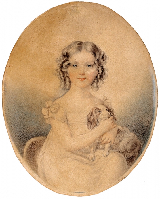 Бинеман Василий Федорович (Eduard Wilhelm Bienemann) (1795–1842) «Девочка с собакой». 1820-е. Картон, графитный карандаш, акварель, 16,5x13 см (овал).
