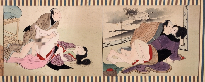 [Сюнга; строго 18+] Свиток с эротическими рисунками. [Позы любви] / Школа Утагава. Япония, последняя треть XIX — начало XX века.
