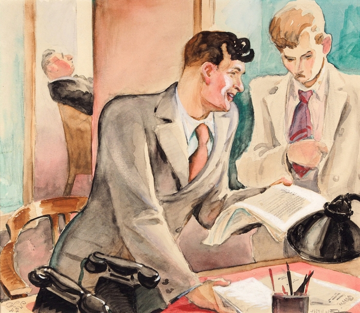 Елисеев Константин Степанович (1890–1968) Иллюстрация для журнала «Крокодил». 1947. Бумага, графитный карандаш, акварель, белила, 37,5x28,4 см.