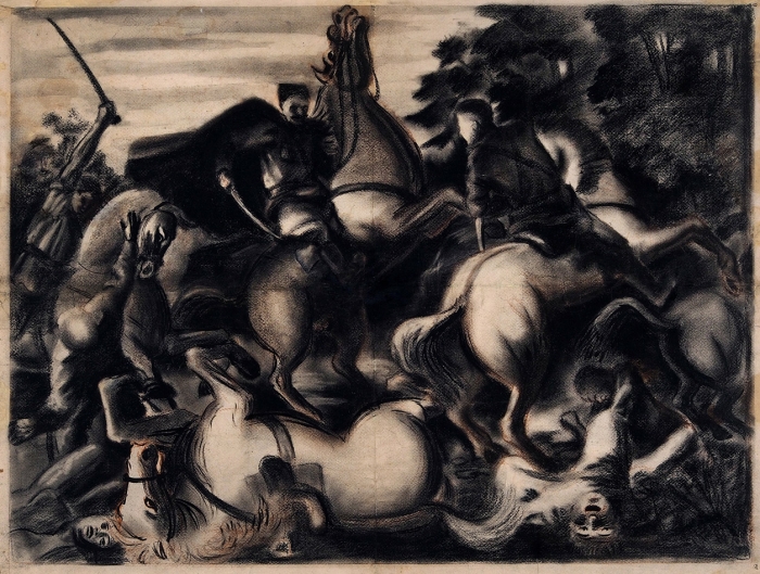 [Собрание В. Холодкова] Неизвестный художник «Воспоминание о Чапаеве». 1920-е. Бумага, уголь, сангина, 61,5x82,5 см (в свету).