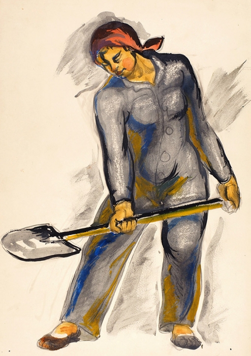 Пискарев Николай Иванович (1892–1959) «Женщина с лопатой». 1930-е. Бумага, акварель, гуашь, 34,8x24,6 см.