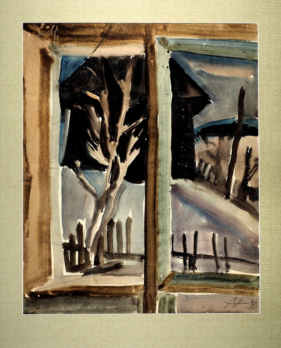 Андронов Николай Иванович (1929 — 1998) «Зимнее окно». 1990. Бумага, акварель, 48x39 см (в свету).