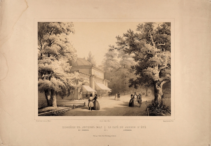 Шульц с оригинала Мейера Иоганна Якоба (Meier (Meyer) Johann Jacob) (1787–1858) «Кофейня в Летнем саду». 1840-е. Бумага, литография, 38,8x56 см (лист).