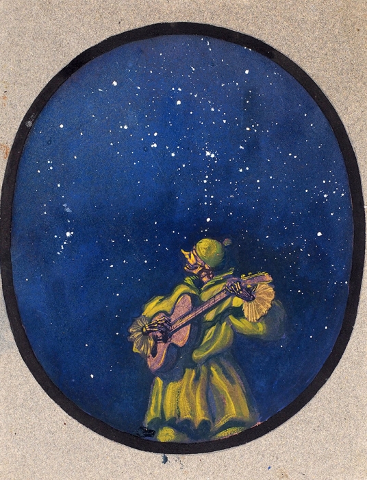 Пискарев Николай Иванович (1892–1959) «Смерть с гитарой». 1920-е. Бумага, гуашь, 23x17,5 см.