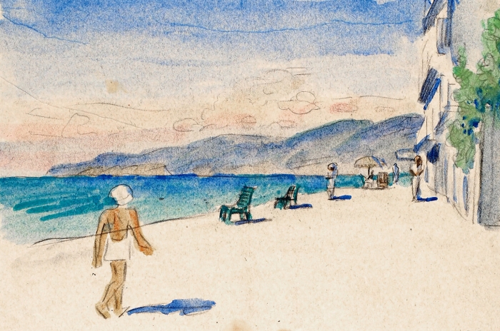 Тырса Николай Александрович (1887–1942) «Пляж в Сочи». 1936. Бумага, итальянский карандаш, акварель, 13x19 см.