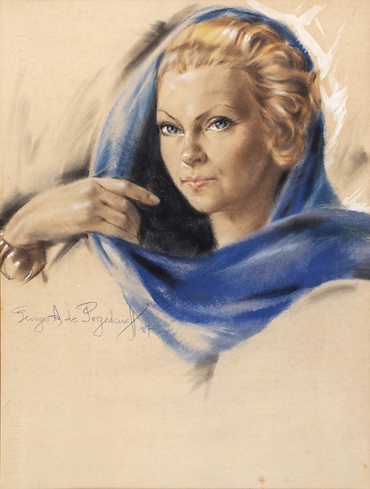 Пожидаев Григорий Анатольевич (Пожедаев Георгий) (1894(7)—1977(1)) «Дама в синем шарфике». 1937. Бумага на картоне, графитный карандаш, пастель, 70x55,5 см.