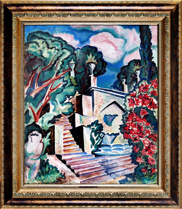 Зданевич Кирилл Михайлович (1892–1969) «Пейзаж с лестницей и каменным идолом». 1930-е. Картон, гуашь, 50x60 см.