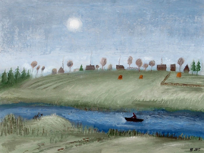 Пономарева Наталия (род. 1957) «Пейзаж с лодкой». 2015. Картон, масло, 29,5x39 см (в свету).