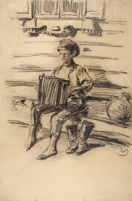 Куликов Иван Семенович (1875–1945) «Мальчик с гармонью». Начало ХХ века. Бумага, соус, 53x35,5 см.