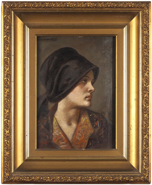 Чумаков Фёдор Петрович (1823–1911) «Молодая женщина в шляпке». 1900-е. Дерево, масло, 30x21,4 см.