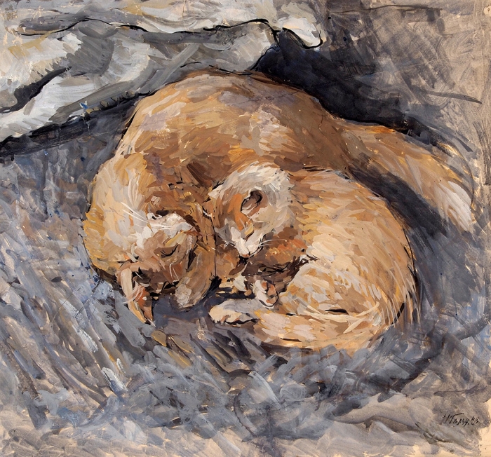 Гольц Ника Георгиевна (1925–2012) «Кошки». 1948. Бумага, гуашь, 49,5x53,5 см.
