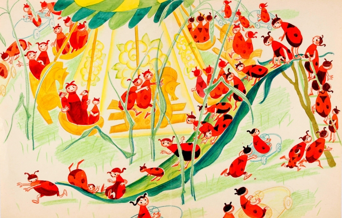 Гольц Ника Георгиевна (1925–2012) Вариант иллюстрации к книге Ондржея Секоры «Приключения муравья Ферды». 1964. Бумага, графитный и цветные карандаши, акварель, 27x40 см.