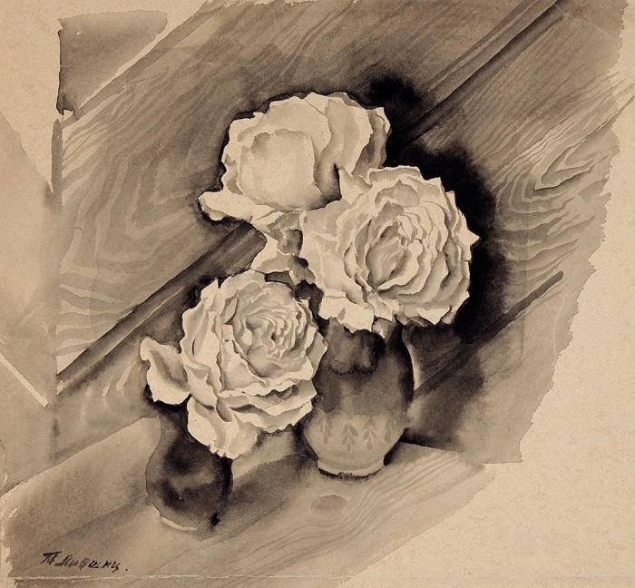 Лившиц Татьяна Исааковна (1925–2010) «Розы». 1968-1969. Бумага, гризайль, 33,5x36 см (в свету).