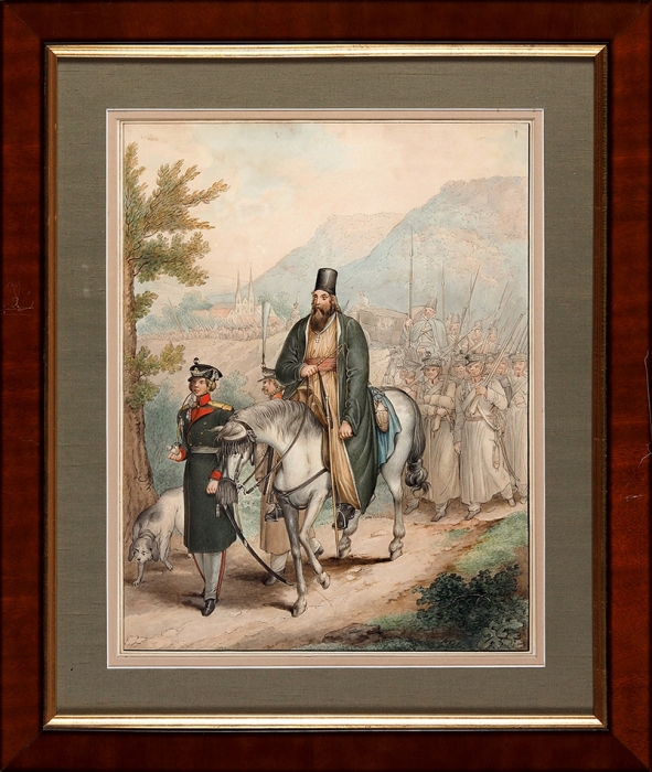 Опиц Георг Эмануэль (1775–1841) «Русские солдаты сопровождают священника». 1810-е — 1820-е. Бумага, тушь, перо, акварель, 35,5x27,5 см (в свету).