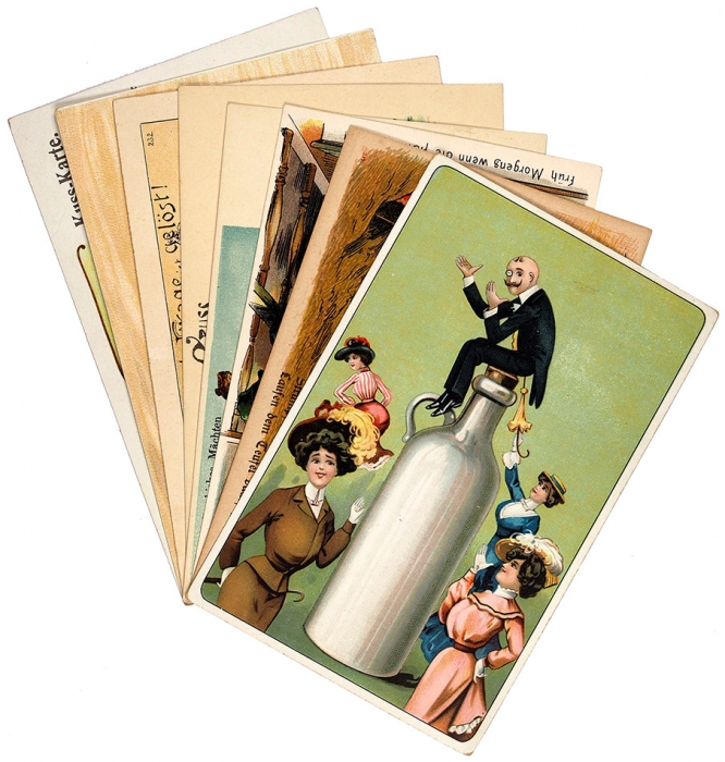 Восемь юмористических хромолитографированных открыток, обыгрывающих разные жанры человеческих взаимоотношений. Германия, нач. ХХ в.