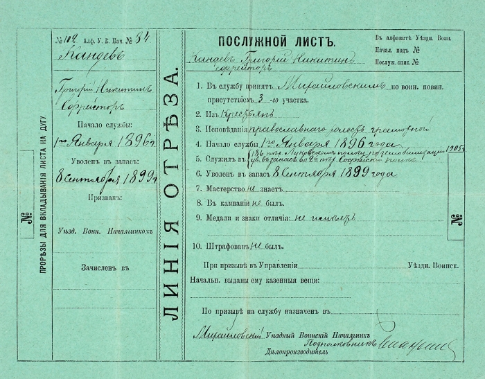 Послужной лист на имя ефрейтора Кандева Григория Никитича. Михайлов, 1899.