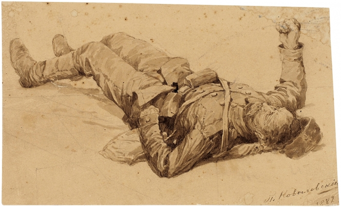 Ковалевский Павел Осипович (1843–1903) «Раненый солдат». 1882. Картон, сепия, 11,5x19 см.
