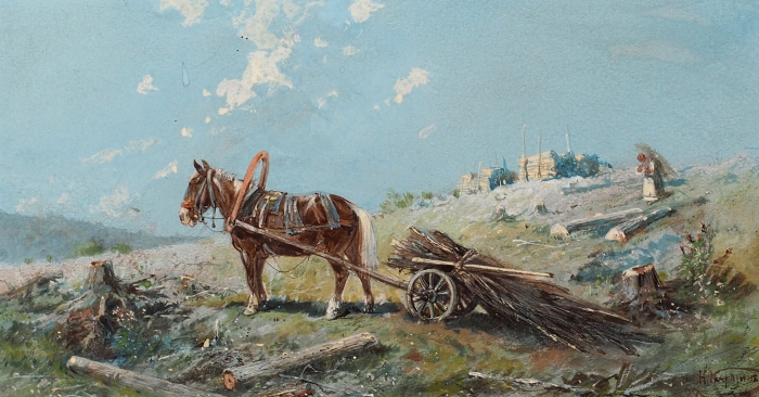 Каразин Николай Николаевич (1842–1908) «За хворостом». 1888. Картон, темпера, 12,5x23,5 см (в свету).