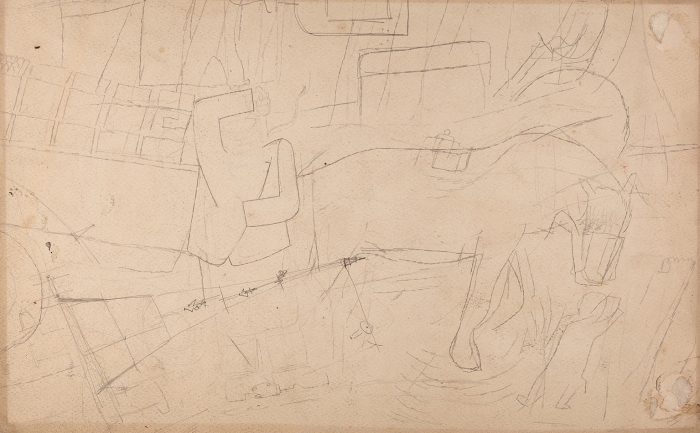 Неизвестный художник «На улице». 1930-е. Бумага, графитный карандаш, гуашь, 38x24 см.