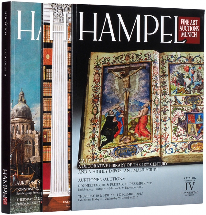 Три каталога аукционного дома Hampel, два из которых представляют книжные торги, третий — каталог, состоящий из редких книг, предметов живописи, графики и предметов декоративно-прикладного искусства. Мюнхен, 2013-2015.