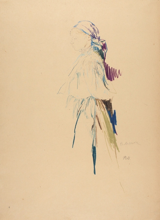 Малявин Филипп Андреевич (1869 — 1940) «Девочка в платке с руками за спиной». 1910-е. Бумага, графитный и цветные восковые карандаши, 43,5x32 см.