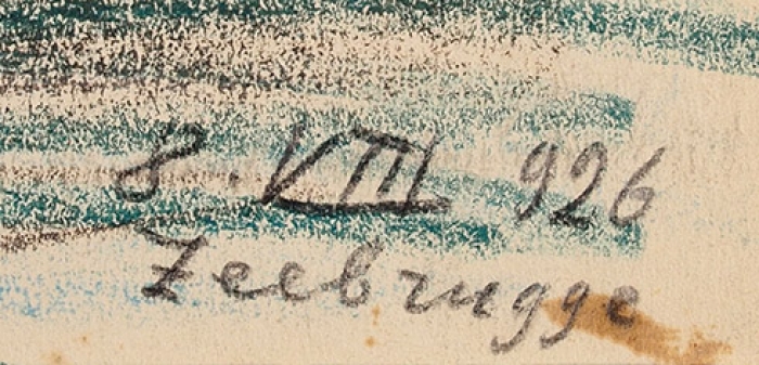Яковлев Михаил Николаевич (1880–1942) «Яхты у причала. Зебрюгге». 1926. Бумага, цветные карандаши, 26x35 см (в свету).