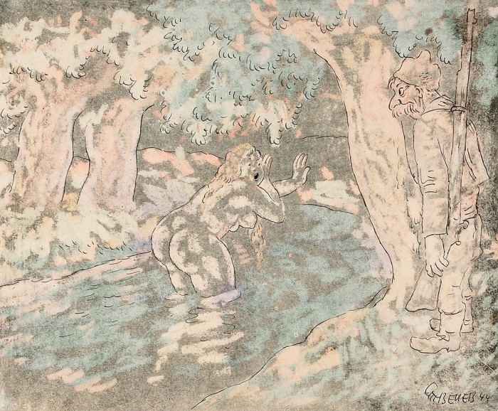 Венев Стоян (1904–1989) «Сцена с охотником». 1944. Бумага, смешанная техника, 25x31 см.