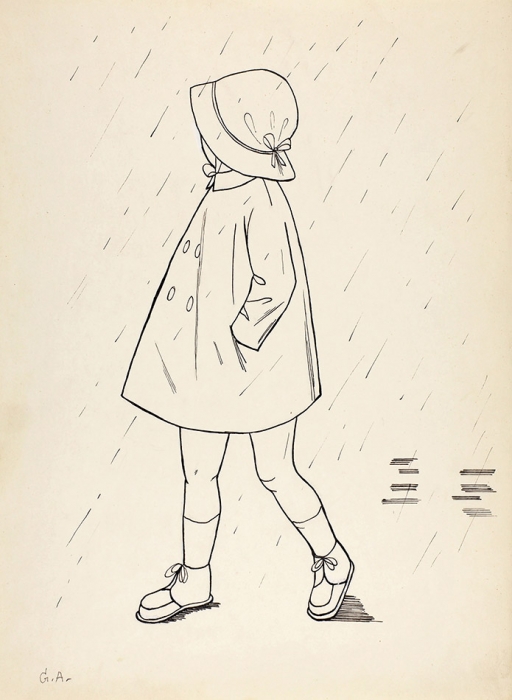 [Из мастерской художника] Анненков Юрий Павлович (1889–1974) «Девочка под дождем». 1950. Бумага, тушь, перо, белила, 32x23,8 см.