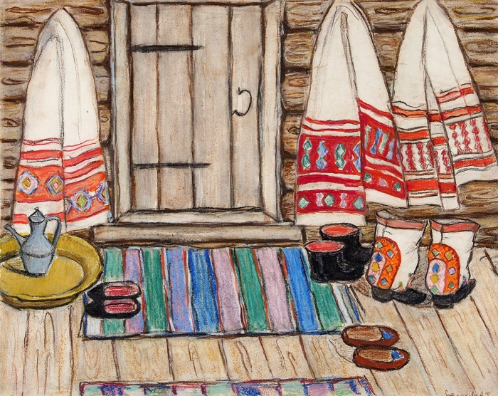 Ситдикова Адия Хабибулловна (1913–2000) «У бабушки гости». 1970-е. Бумага (с водяными знаками), пастель, 39,5x49,5 см.