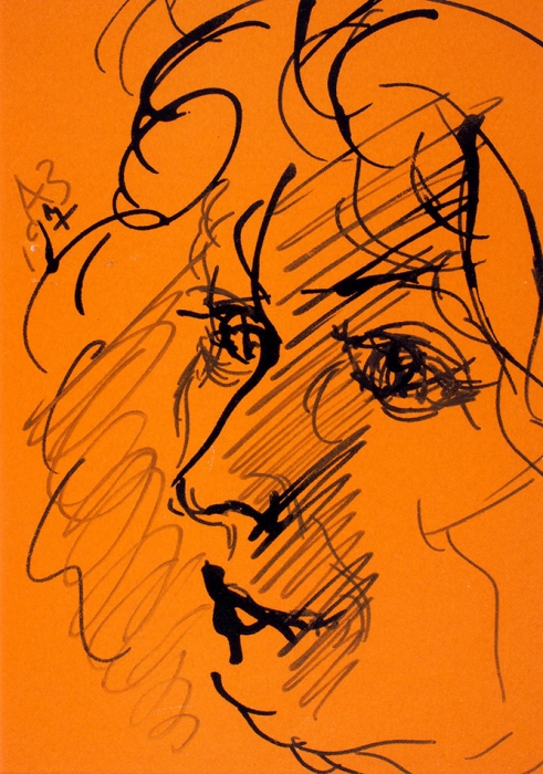 Зверев Анатолий Тимофеевич (1931–1986) «Портрет О.М. Асеевой». 1973. Бумага, оранжевая, тушь, палочка, 21x22 см.